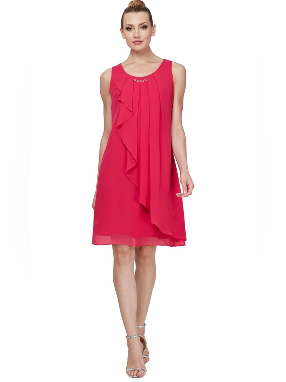 NWT SLNY Bright Pink Ruffle-Front Chiffon Dress